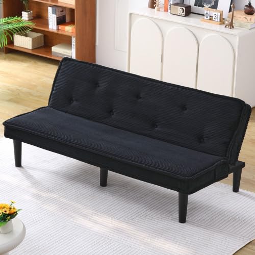 Convertible Futon Sofa Bed - Mid Century Modern Sleeper Loveseat with Golden Metal Legs | Corduroy Black Fabric Couch for Small Spaces | Space-Saving, Comfortable & Stylish