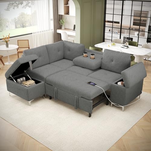 Harper & Bright Designs 121.2" Versatile Sofa Bed Modular Sofa Free-Combined Sofa with Two Storage Racks, Brown