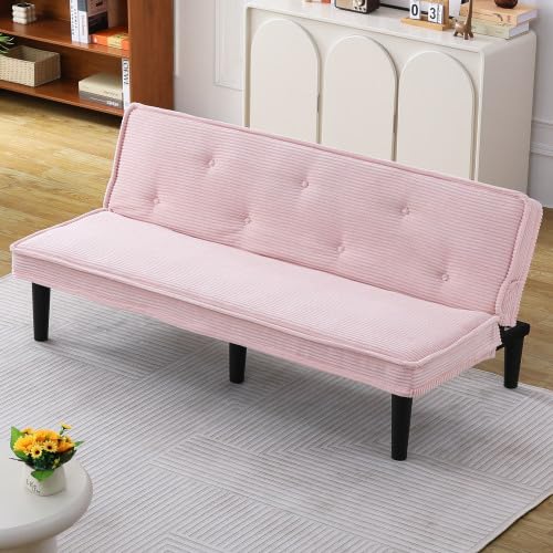 Convertible Futon Sofa Bed - Mid Century Modern Sleeper Loveseat with Golden Metal Legs | Corduroy Pink Fabric Couch for Small Spaces | Space-Saving, Comfortable & Stylish