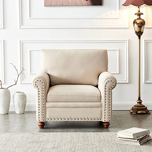 Harper & Bright Designs Accent Chair Sofa Chair Single Seat Chair with Wood Leg, Nails Decoration Linen Fabric Upholstery Armchair for Living Room, Bedroom, Small Space (Beige)