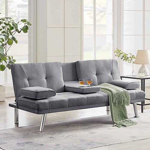 100% Fabric Linen Upholstered Futon Sofa Bed with 2 Cupholders/Legs/Removable Armrest, Modern Convertible Sleeper Couch, Upholstered Loveseat for Small Spaces, Memory Foam Living Seat, Gray