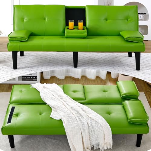 67" Convertible Futon Sofa Bed, Multifunctional Folding Loveseat with Adjustable Backrest & Cup Holders, PU Leather Sleeper Sofa for Small Spaces Living Room, Apartment & Office (Black)