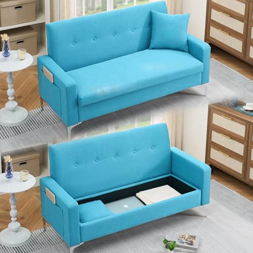 57" Grey Suede Couch, Mini Comfy Sofa with Spring Cushions, Loveseat Storage Sofa for Bedroom, Small Couch for Small Spaces, Modern Living Room 2 Seater Sofas with Pillow Seat (Grey)