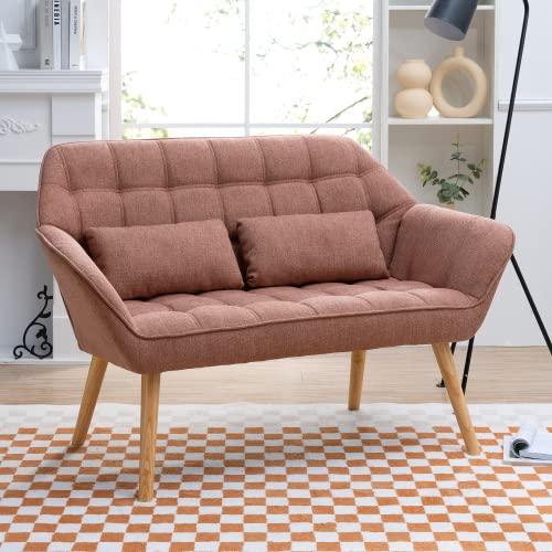 50" Modern Loveseat Sofa with 2 Pillow, Mid Century Linen Fabric 2-Seat Sofa Couch Tufted Love Seat for Small Space, Office Couch for Living Room, Bedroom (Pink)