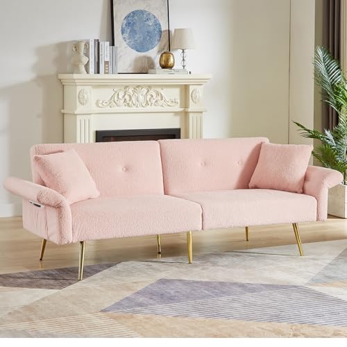69.5" Convertible Futon Sofa Bed with Adjustable Backrest and Armrests, Teddy Upholstered Loveseat Sleeper Couch with 2 Pillows and Metal Legs for Guest Room Living Room Apartment (Pink)