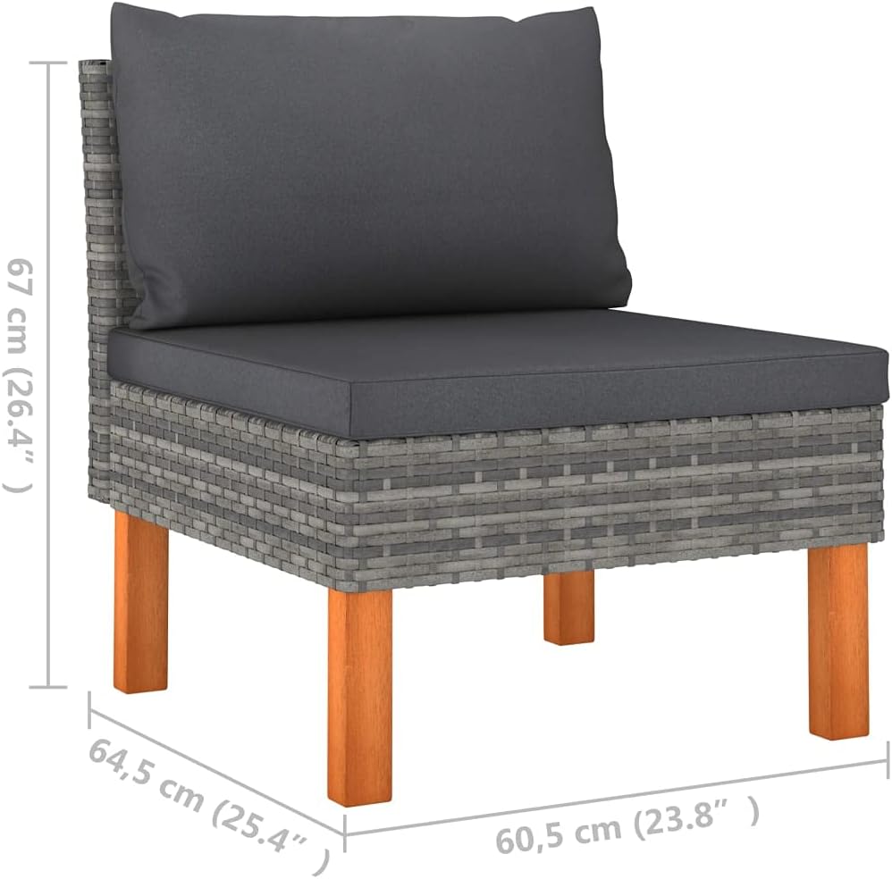 Middle Sofa Rattan and Solid Eucalyptus Wood, Modular Design, Lightweight and Comfortable, Gray with Anthracite Cushion