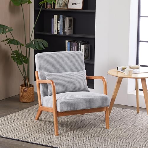 Mid-Century Modern Accent Chair, 24.8” Wide Comfy Upholstered Arm Chair, Rustic Wooden Armchair with Cushion, Side Chairs for Living Room, Bedroom, Reading Room (Light Gray+Natural)