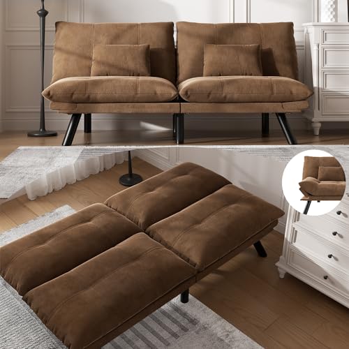 Modern Microsuede Convertible Folding Futon Couch Sofa Bed Adjustable Pillow Top Arm Memory Foam Couch Double Loveseat Sofa for Compact Living Space,Dorm,Game Studio,Apartment,Bedroom (Coffee)