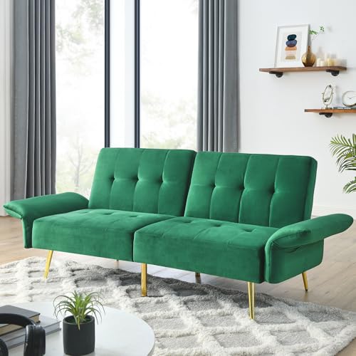 78" Comfy Futon Sofa Bed, Green Velvet Fabric Futon Sofa Bed Couch, Convertible Sleeper Sofa with Adjustable Backrest& Armrests, Modern Loveseat Sleeper for Living Room (Green)