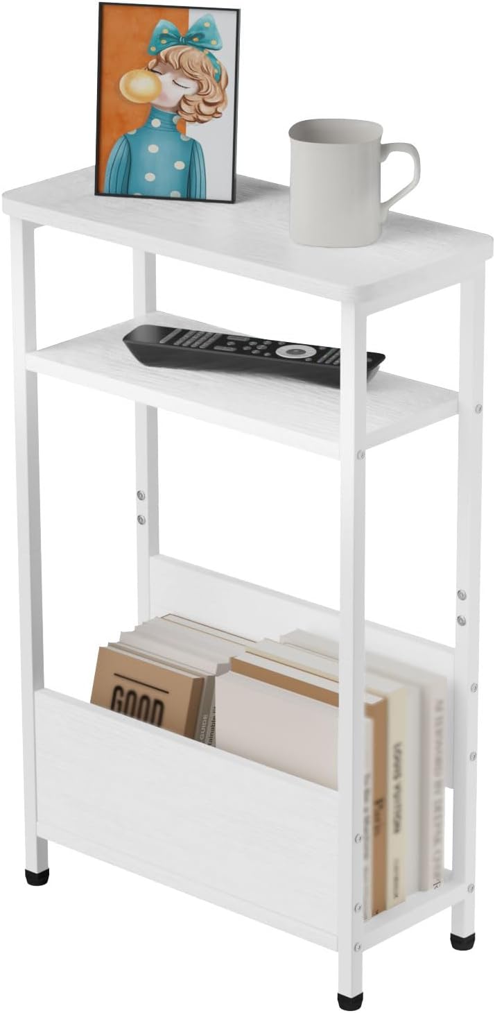 7.1" Narrow Side Table for Small Spaces, 3 Tier Small End Table with Magazine Holder, Slim/Skinny Nightstand/Bedside Table for Living Room, Bedroom, 15.4" L x 24.2" H