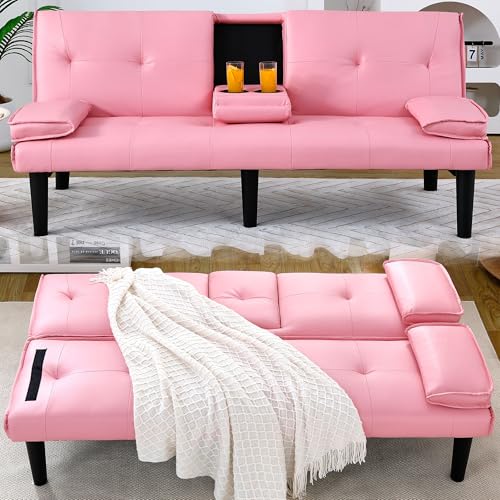 67-Inch Pink Futon Couch Bed, Modern Futon Sofa Bed with 2 Cup Holders/Removable Armrests, Small Futto & Loveseats for Living Room/Bedroom/Apartment, Foldable Design, 500 LBS Capacity (Pink)