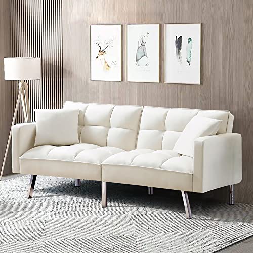 Modern Velvet 74" Futon Sofa Bed with 2 Fabric Pillows and Silver Metal Legs, Memory Foam Sleeper Sofa Couch Convertible Loveseat for Living Room, Small Apartments, Office, Guest Room (Beige)