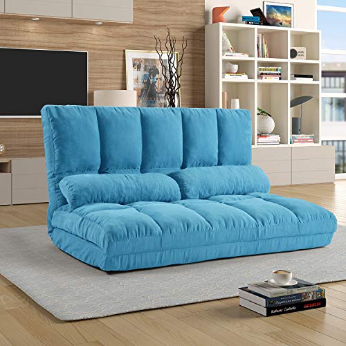 Floor Sofa with 2 Pillows, Convertible Fabric Sleeper Sofa Bed, Double Chaise Lounge Floor Couch Sofa for Living Room, Guest Bed, Playroom, No Assembly Required (Blue)