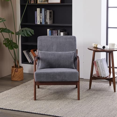 Mid Century Modern Accent Chair for Living Room, Comfy Arm Chairs for Bedroom, Small Cozy Upholstered Reading Chair for Adults, Lounge Armchair with High Back for Balcony (Beige+Natural)