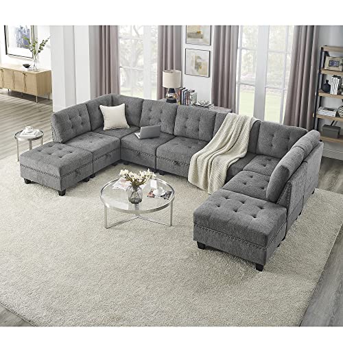 espidoo Grey Chenille Ottoman Sofa: Modern Modular Sectional with Solid Wood Frame & Teddy Fabric - DIY Combination for Living Room & Conference - Anti-Skid Cushions & Button-Tufted Design