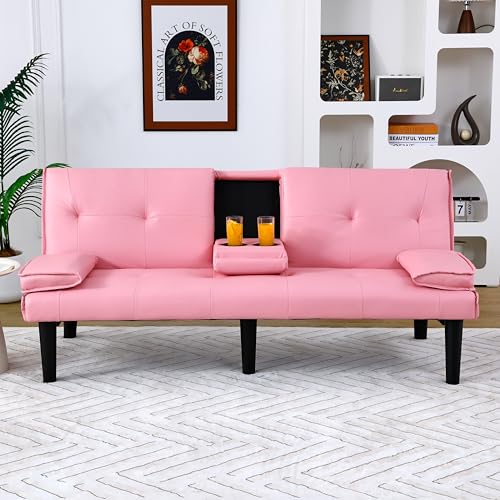 67''Black Futon Sofa Bed, Convertible Loveseat with Adjustable Backrest and Cup Holders, Folding Sleeper Couchs with 2 Pillows, Multi-Functional Love Seat for Living Room, Apartments, Office (Black)