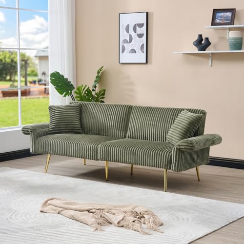 79" White Futon Sofa Bed, Corduroy Couch with Adjustable Backrest and Armrests, Modern Convertible Small Sleeper Loveseat with Pillows for Living Room, Apartment, Small Spaces (White)