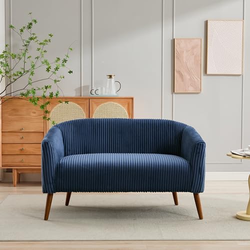 50" Loveseat Sofa Couch for Living Room, Mid Century Modern Small Couch, Upholstered 2 Seater Love Seat, Corduroy Fabric, Solid Wood Legs for Small Space, Office, Bedroom (Navy Blue, 50")