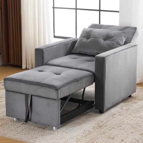 Anwick Convertible Sleeper Sofa Chair Bed with Pillow & Pocket, 3-in-1 Sofa Bed Sleeper Chair in Modern Velvet Fabric for Living Room, Bedroom, Study, Apartment (Gray)