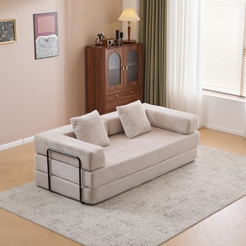 4-in-1 Convertible Sleeper Sofa Bed with Corduroy Teddy Style – Modular Floor Couch, Fold Out Daybed for Small Bedroom, Living Room, Apartment & Guest Room