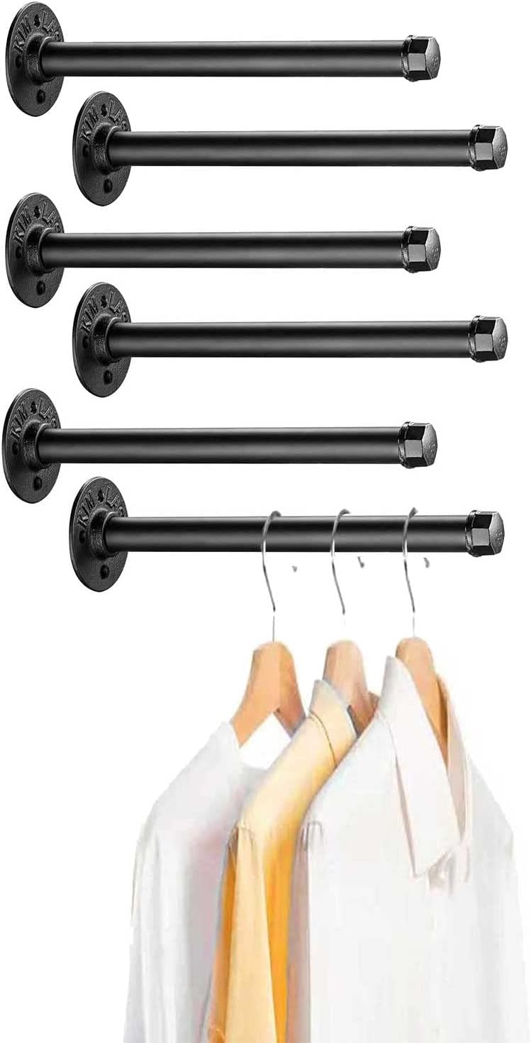 6 Pack Black Heavy Duty Floating Shelf Bracket Flanges. Garment Clothing Rack, Malleable Black Craft Furniture Pipe Fittings