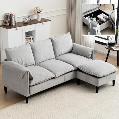 78” Dark Gray L Shaped Couch with Storage Ottoman, Chenille Sectional Couches for Living Room, Small Comfy Cloud Sectional 3 Seater Couch with Sturdy Wood Legs (Dark Gray)