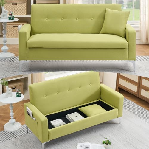 57" Loveseat Sofa with Storage Space & Side Pockets, Modern 2-Seater Mini Couch for Small Spaces, Comfortable Upholstered Love Seat with Sturdy Metal Legs for Living Room, Apartment, Bedroom (Grey)