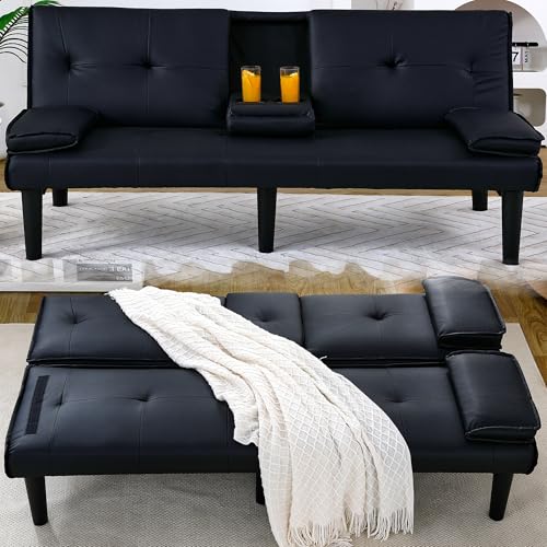 67-Inch Black Futon Sofa Bed, Modern Futon Couch Bed with 2 Cup Holders, Convertible Futton & Loveseats with Removable Armrests / Adjustable Backrest for Living Room/Apartment, PU Leather (Black)