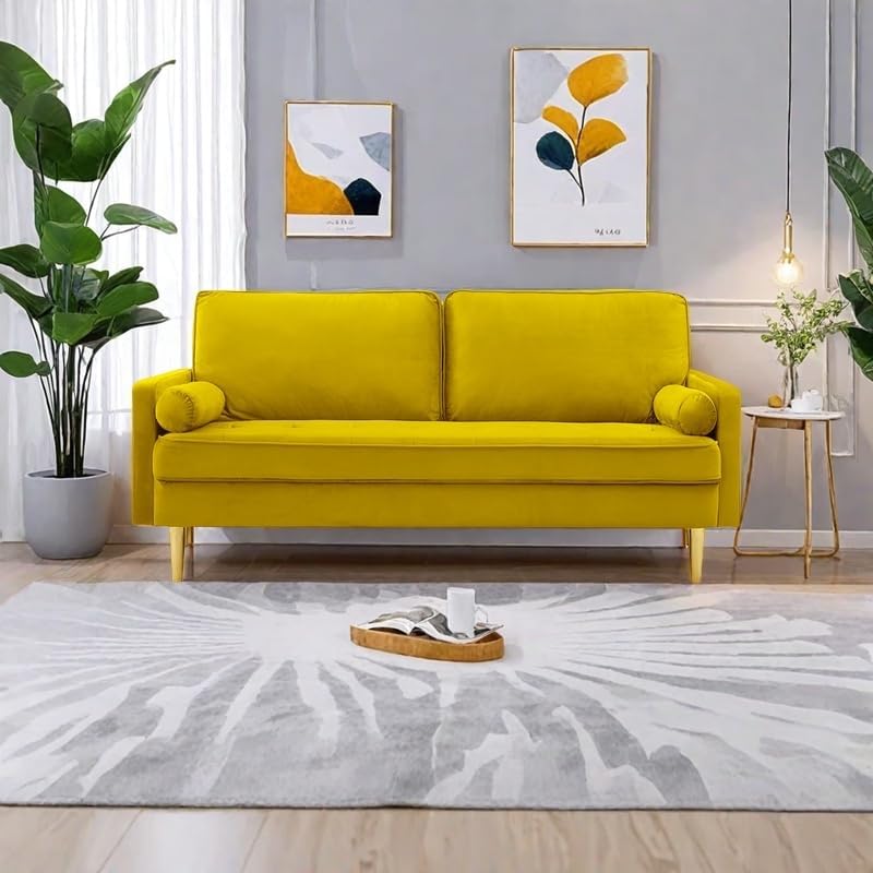 Grey Loveseat Sofa, 67" Velvet Upholstered Mini Small Couch Sofa with 2 Pillows, Bedroom Compact Couch with Gold Metal Legs for Living Room, Office, Apartment (Grey)