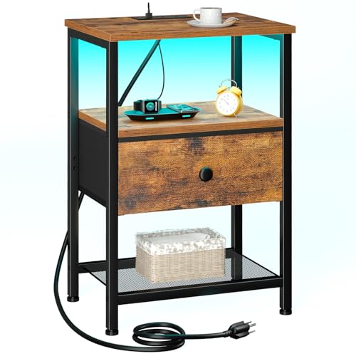 Night Stand, LED Nightstand with Charging Station, Small End Table with Fabric Drawer for Living Room, Bed Side Table with Storage Shelf for Bedroom, Black, HETS01BK-1