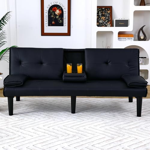 3-in-1 Convertible Futon Sofa Bed - Modern PU Leather Sleeper Sofa with Adjustable Backrest, Cup Holders & Chrome Legs, Space-Saving Loveseat for Small Apartments, Living Room, Dorm (Green)