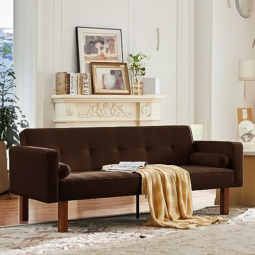 75” Modern Futon Sofa Bed, Convertible Sleeper Loveseat with Wood Legs/Armrests/Pillows, Upholstered Folding Couch for Small Space, Linen Fabric Memory Foam Living Seat, Brown
