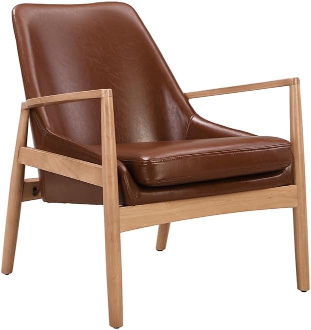 Accent Chair, Mid-Century Modern Armchair with Solid Wood Frame, Reading Leisure Chair with High Back for Living Room (Brown PU Leather)