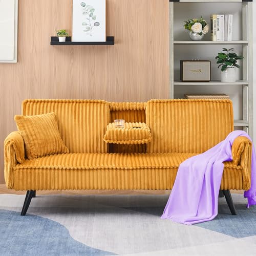 67” Futon Sofa Bed with Pillows, Modern Convertible Futon Couch with 2 Cup Holders& Removable Armrests for Small Spaces Living Room, Solid Wood Frame (Pink PU Leather)