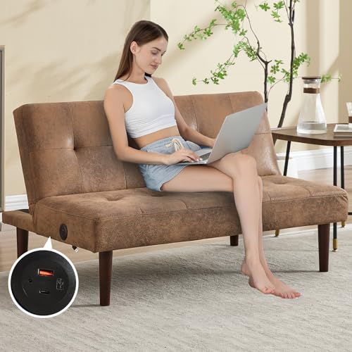 Grey Couch, Mini Couch for Bedroom, Armless Loveseat Sofa for Small Space, 2 Seater USB Port, Adjustable Tufted Backrest Flannelette Fabric (Grey)