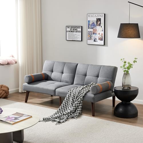 65.7" Convertible Folding Futon Sofa Bed with Solid Wood Legs, Modern Linen Fabric Upholstered Couch, Loveseat Sleeper for Living Room/Bedroom/Apartment/Home Office (Grey)
