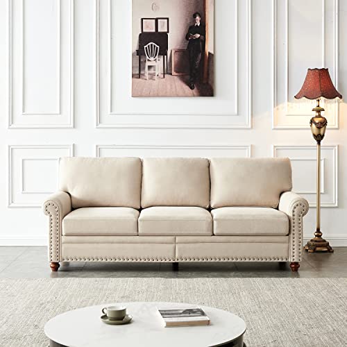 59.5" Loveseat Couch Sofa with Storage for Living Room Small Fabric Chesterfield Nailhead Trim Rolled Arms for Small Spaces Bedroom Apartment Dorm Mini Small Love Seat Ottoman Thick Cushion Beige