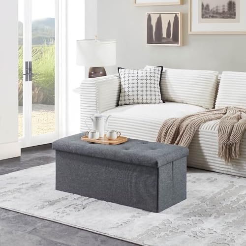 Folding Storage Ottoman Bench with Flip Top Lid Gray Multipurpose Foot Rest Storage Chest for Living Room Bedroom Entryway Space Saving Furniture (35 Inches)