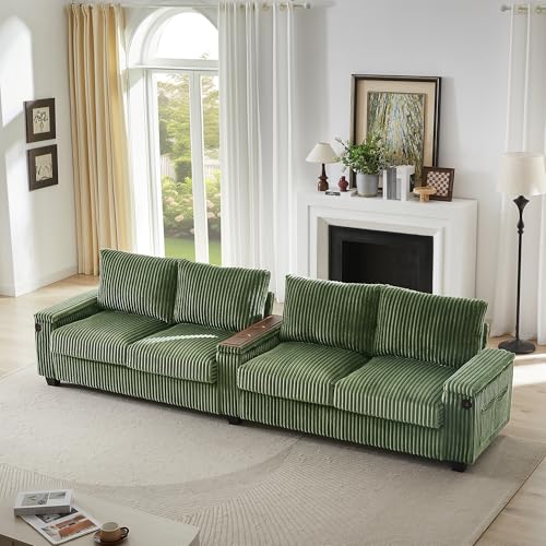 4-Seater Corduroy Sofa with USB Ports, 133" Modern Storage Sofa with Flip-Top Cup Holders, Deep Seating Couch for Living Room