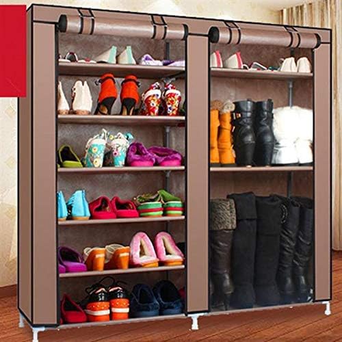 Portable Wardrobe Closet Storage Double Rows 9 Lattices Combination Style Shoe Organizer Metal Hanging Rack Non-Woven Fabric