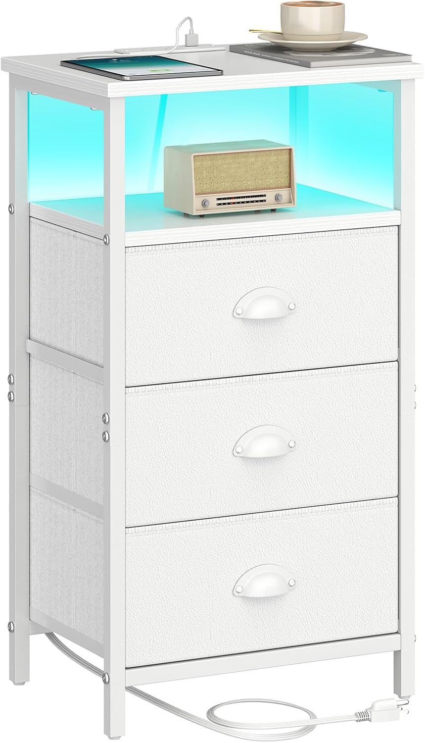 Nightstand with Charging Station,LED Night Stand with 3 Fabric Drawers, Bedside End Tables, 2-Tier Open Storage Shelf Side Table Nightstand with Drawers for Bedroom,Rustic Brown