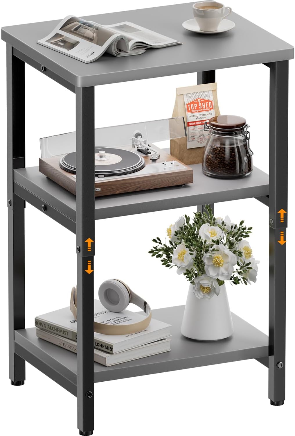 HLDIRECT 3 Tier Side Table, Adjustable Height End Table with Storage Shelf, Nightstand for Bedroom, Living Room, Office and Any Small Space, Easy to Assemble, Black