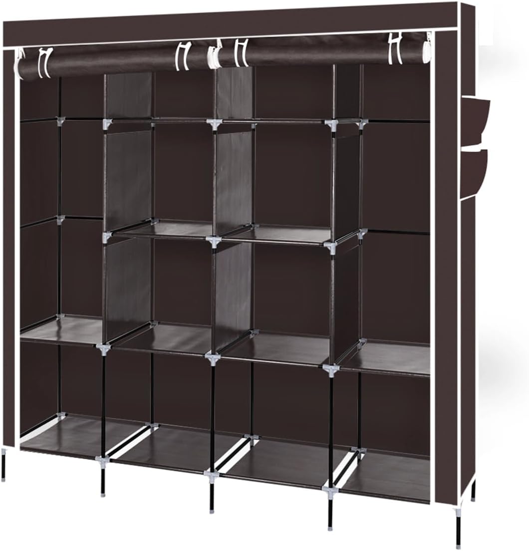 Portable Closet, Adjustable Wardrobe, 67" Tall w/12 Shelves, 4 Side Pockets for Clothes, Shoes Accessories Storage, Multipurpose Organizer Rack in Dark Brown