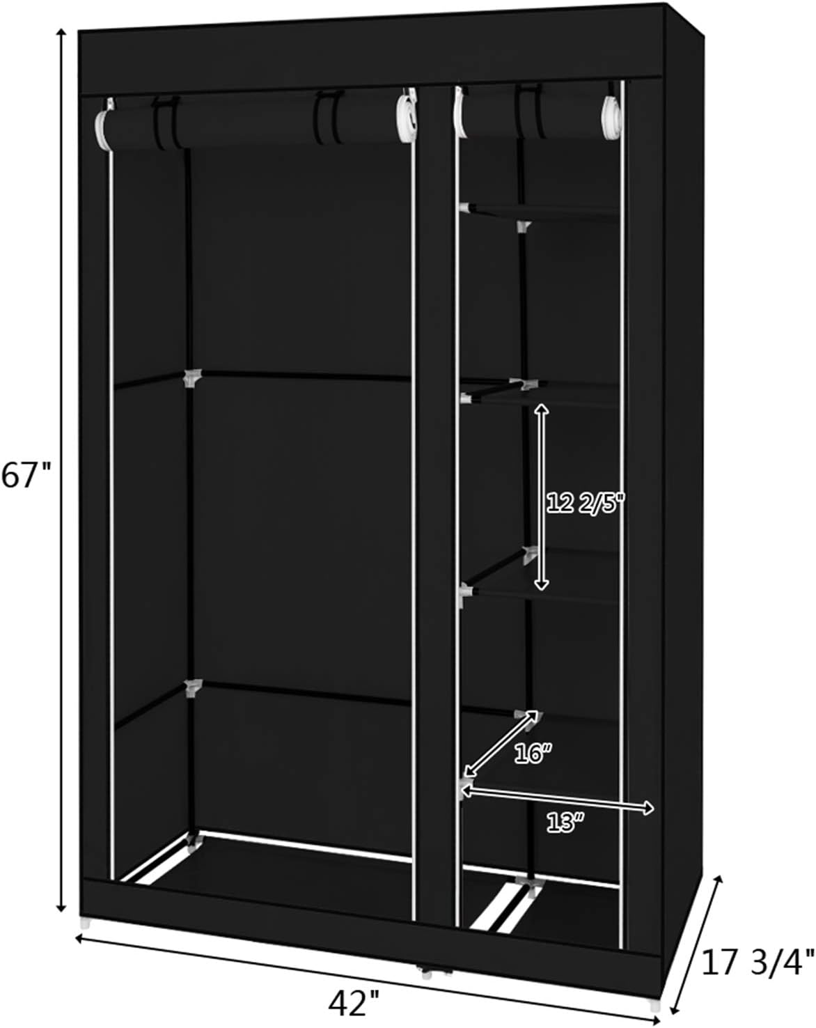 67-Inch Portable Clothes Closet Wardrobe with 6 Shelves and Hanging Rod, Non-Woven Fabric Cover, Dustproof & Waterproof Storage Organizer for Bedroom, Black
