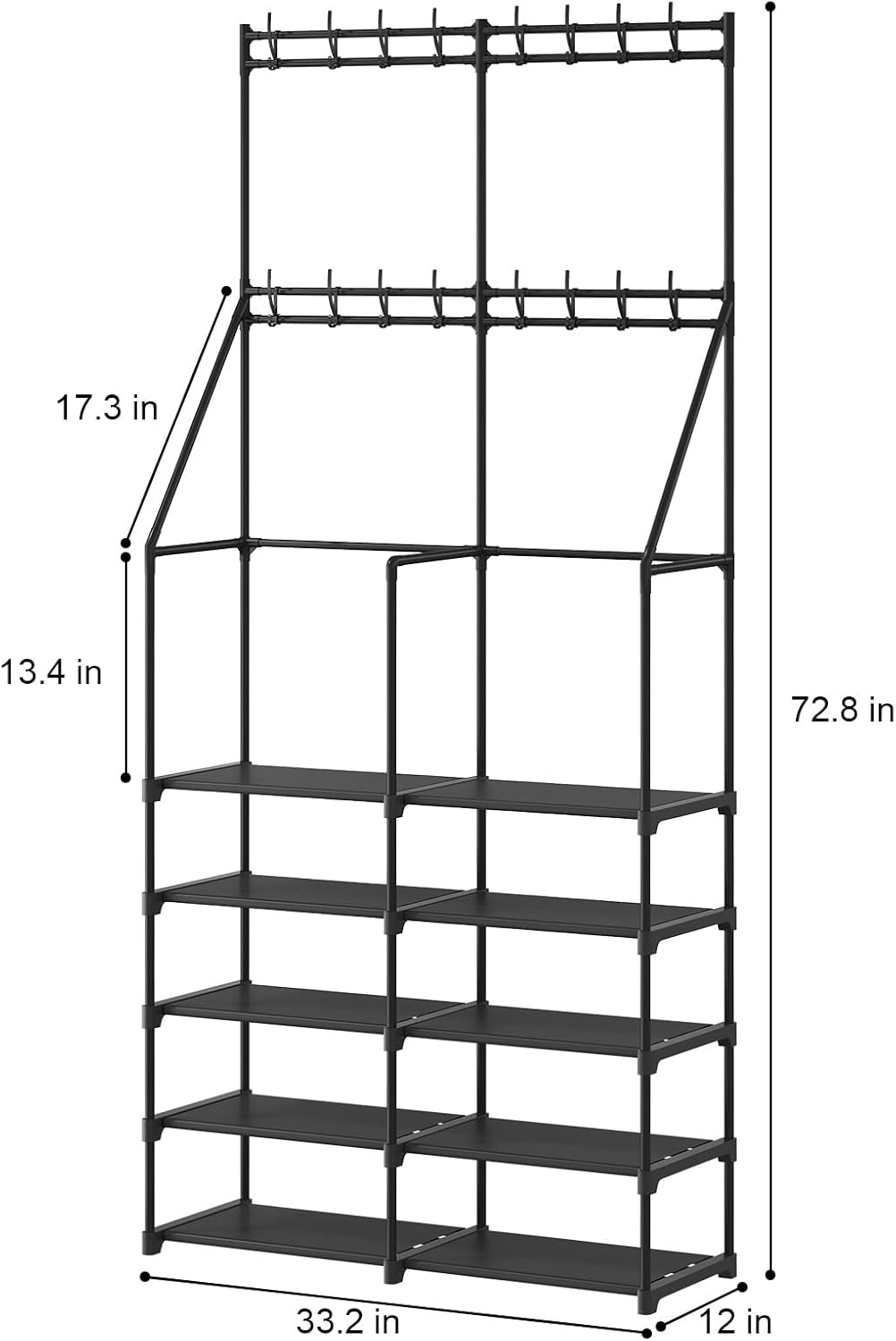 3-in-1 Double Row Coat Shoe Rack Space-Saving Entryway Furniture, Hall Tree with Shoe Storage, Multifunctional Solution, 16 Hooks, Black