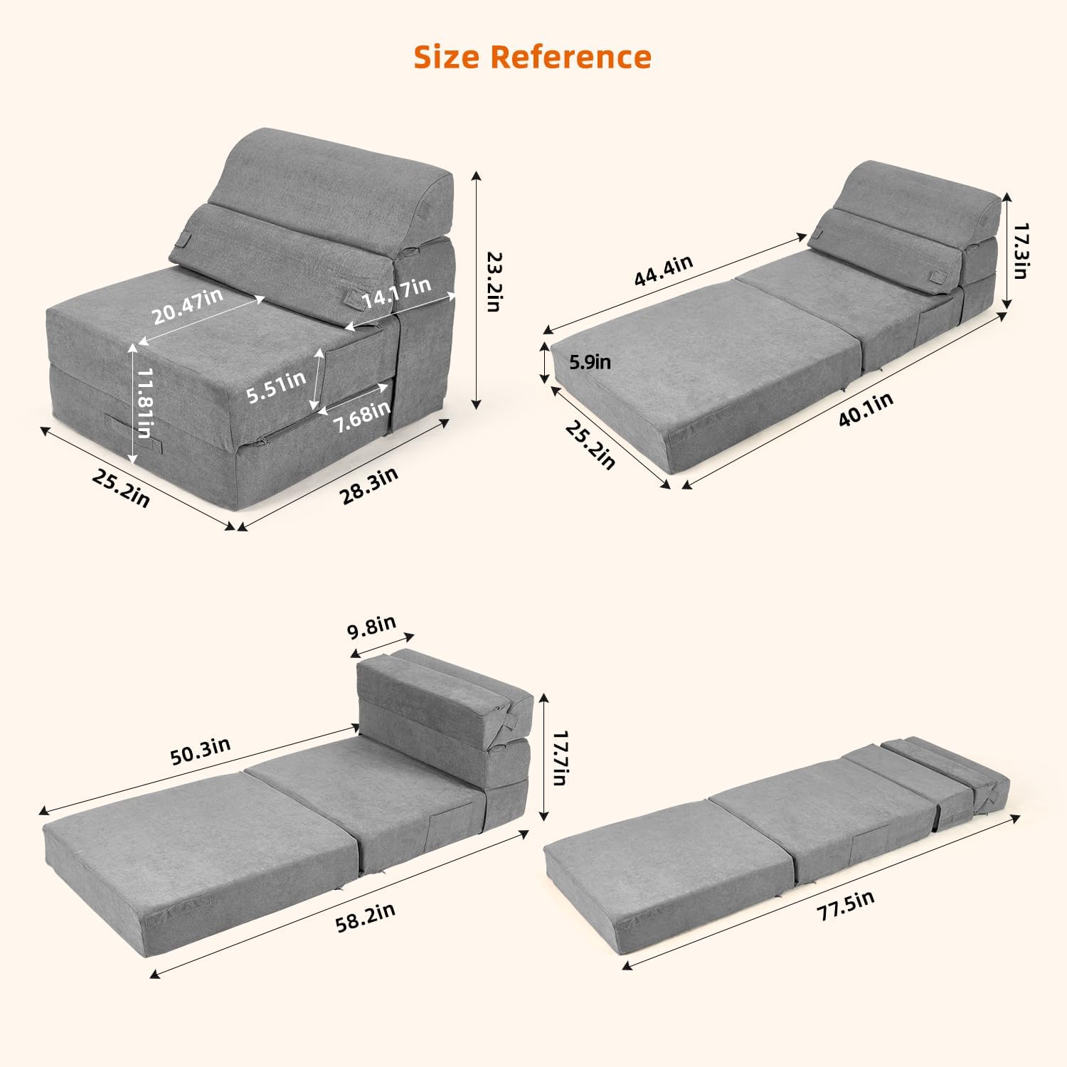 Comfy Folding Sofa Bed Chair Convertible Sleeper ChairCouch Foldable Floor Mattress Single Futon Lounge for Living Room Bedroom(77"x26", Grey)