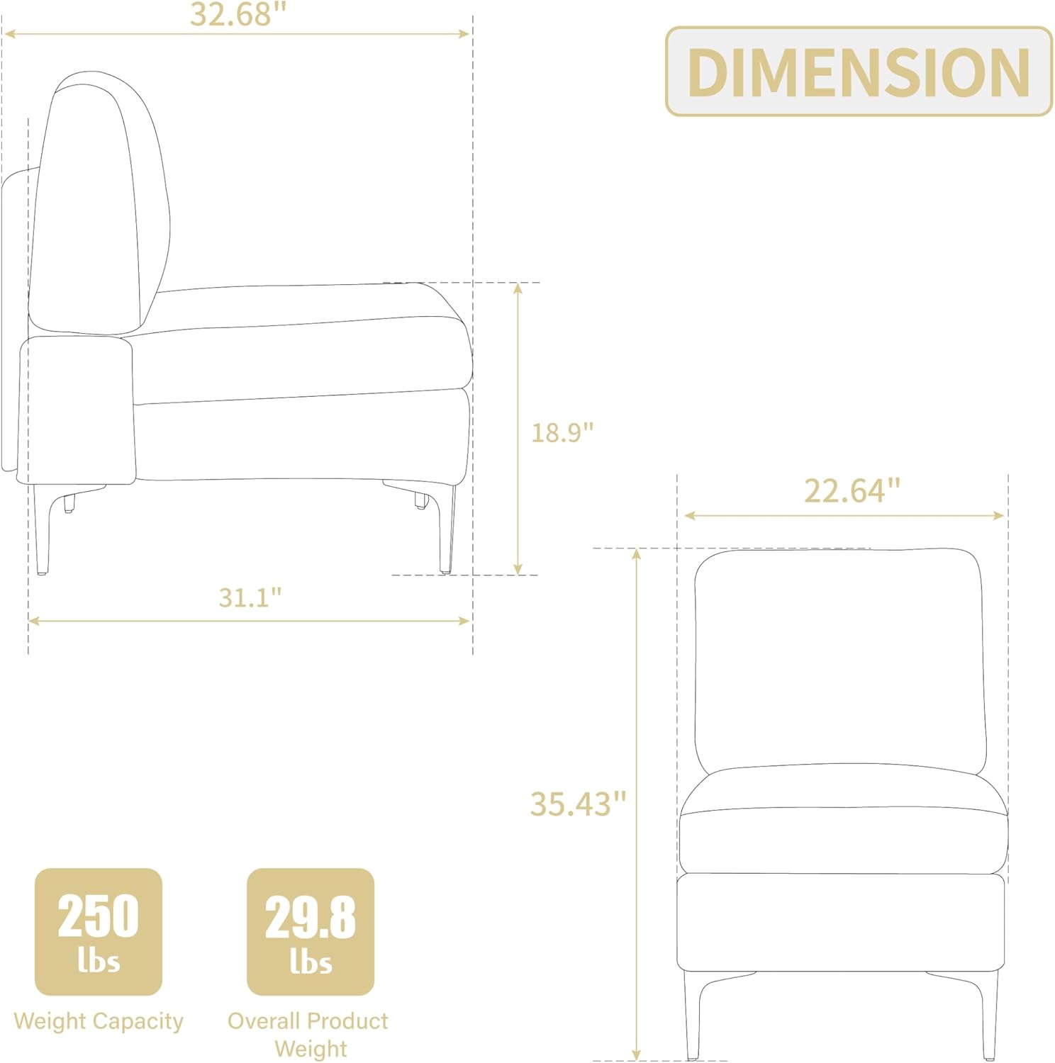 Modular Sectional Sofa Armless Seat Module, Corduroy Accent Chair with Removable Back Cushion, Customizable Living Room Furniture for Small Spaces, Beige