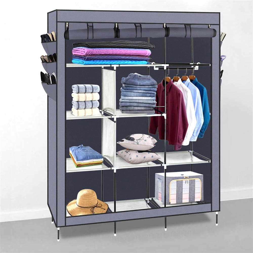 Closet Wardrobe Bathroom Organization and Storage Furniture Clothes Rack Metal Shelves Amoire Storage Shelf Wardrobe Closet Fo Hanging Clothes Portable Cube Storage with Side Pocket-Grey