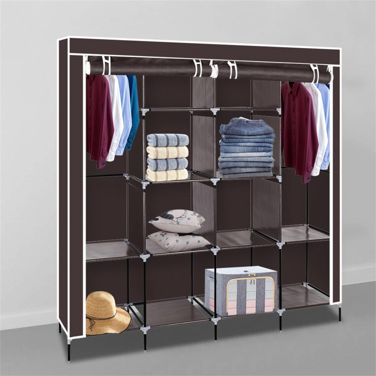 Portable Closet, Adjustable Wardrobe, 67" Tall w/12 Shelves, 4 Side Pockets for Clothes, Shoes Accessories Storage, Multipurpose Organizer Rack in Dark Brown