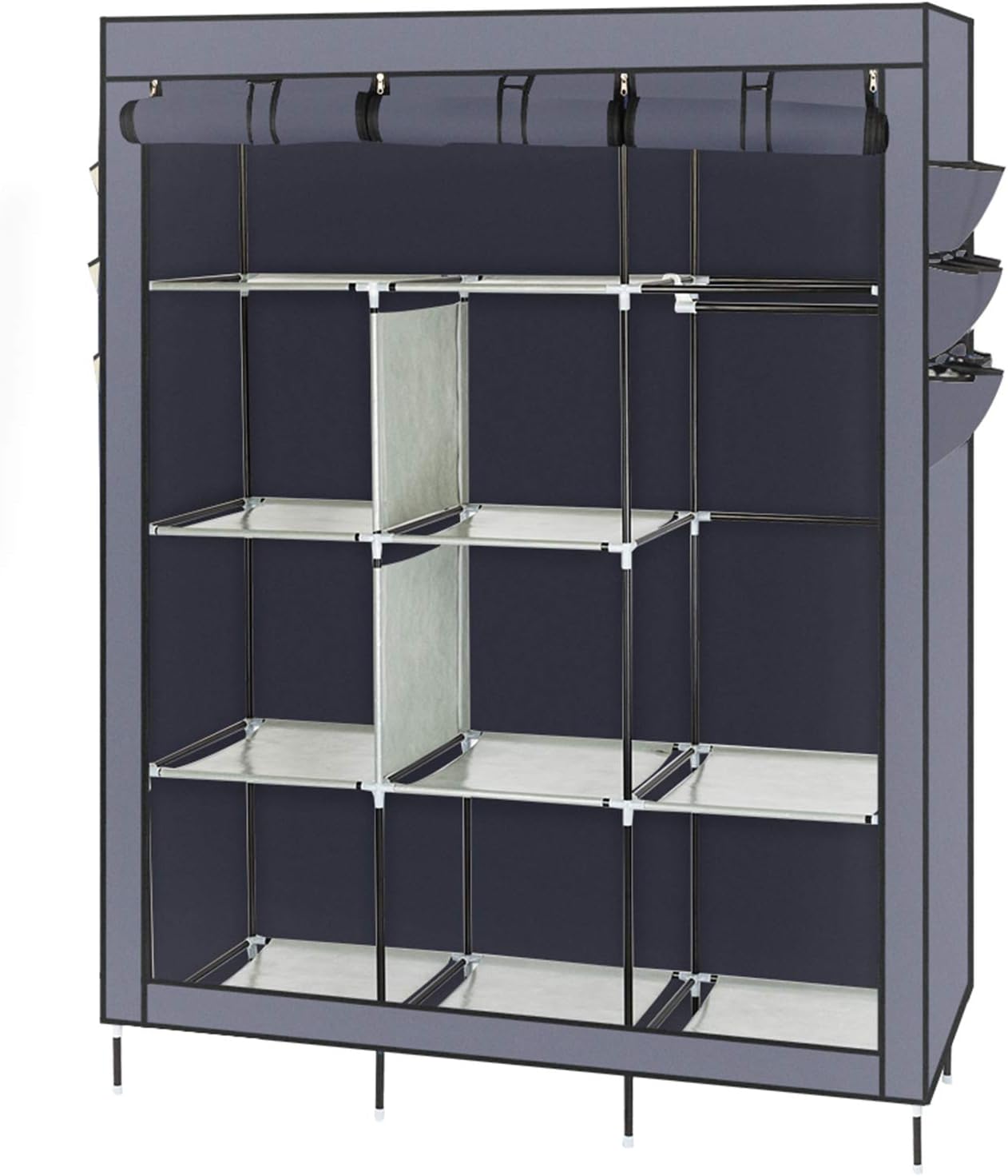 69"" High-Leg Portable Closet, Fabric Wardrobe for Hanging Clothes with Hanging Rods and Side Pockets, Steel Tube Clothes Storage Organizer for Quick and Easy to Assembly, Gray Cover, Grey